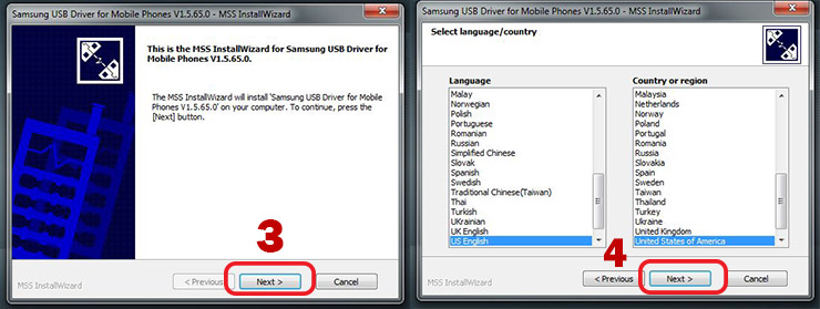 Samsung usb driver install wizard and select language